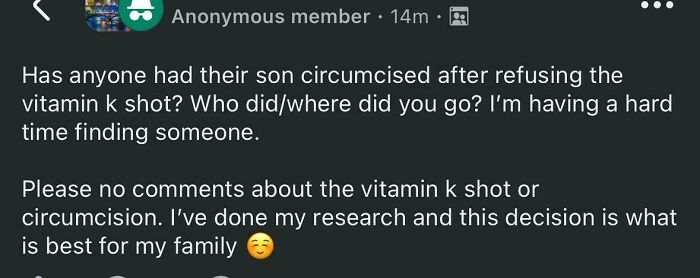 Parents discussing son circumcision refusal and vitamin k shot decision online