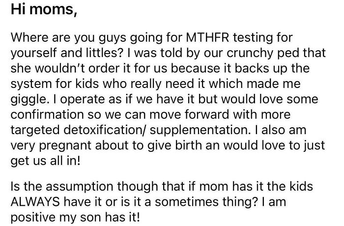 Parent asks about MTHFR testing for self and children online