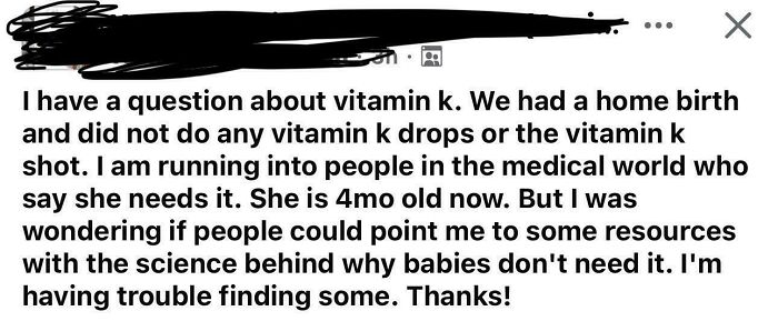 Parent questions need for vitamin k for homeborn four-month-old baby