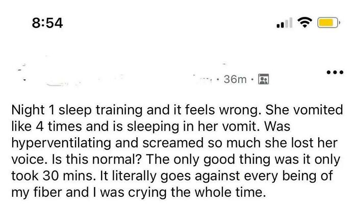 Parent describing difficulties and guilt during night one of infant sleep training