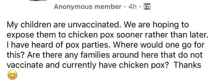 Parent asking about unvaccinated children exposed to chicken pox for pox parties