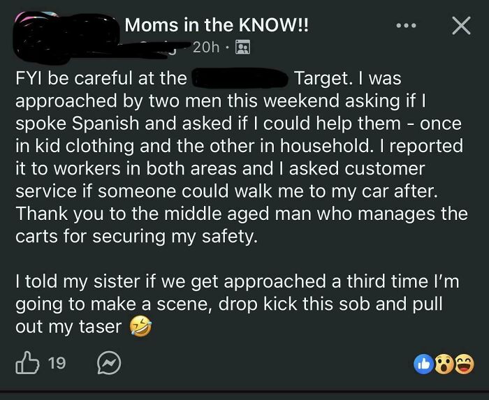 Warning about suspicious men approaching in Target store
