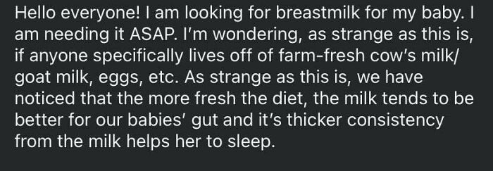 Request for breastmilk and observations on effects of fresh milk diets