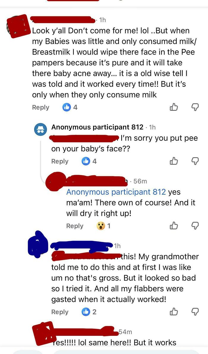 Conversation about using pee to treat baby acne and its effectiveness