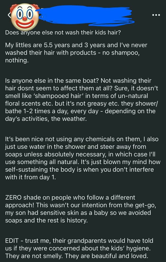 Parent sharing experience of not washing kids hair with shampoo