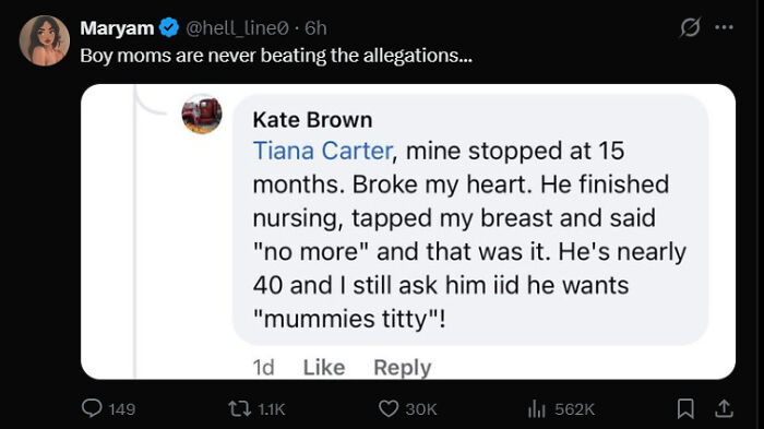 Social media post about a mother still being asked to breastfeed at age 40 boy moms topic