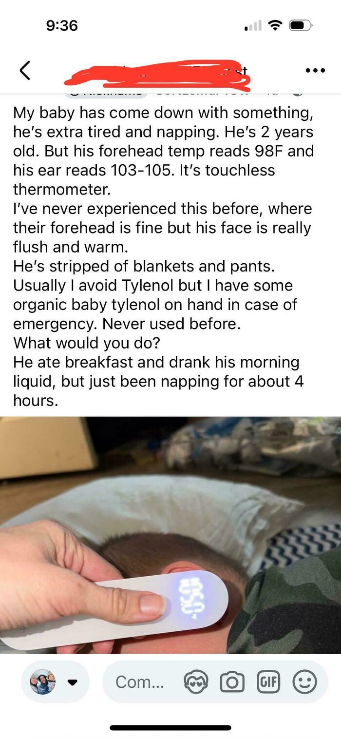 Parent measures sick toddler's temperature with touchless thermometer showing high ear temp