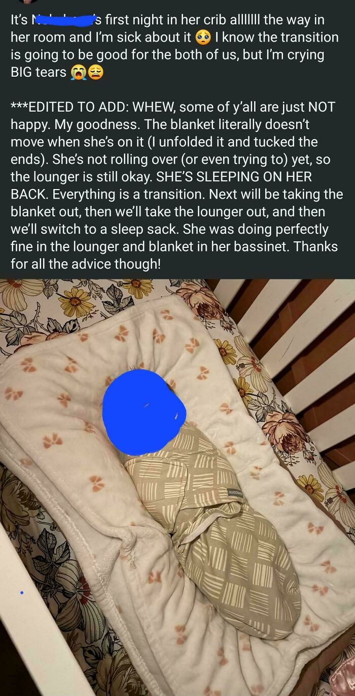 Parent shares emotions on baby transitioning to crib with swaddle and blanket in crib