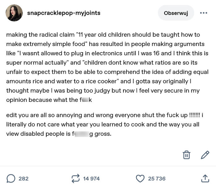 A lengthy Tumblr post about wild Tumblr gems; arguing that 11-year-olds should be taught to make simple food and criticizing opposing views.