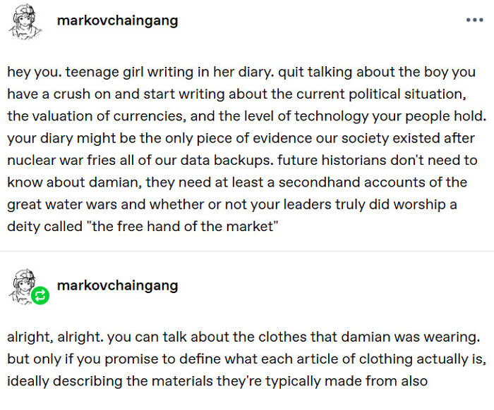 A screenshot of a funny Tumblr post encouraging a teenage girl to write about politics instead of crushes in her diary. A Tumblr gem.