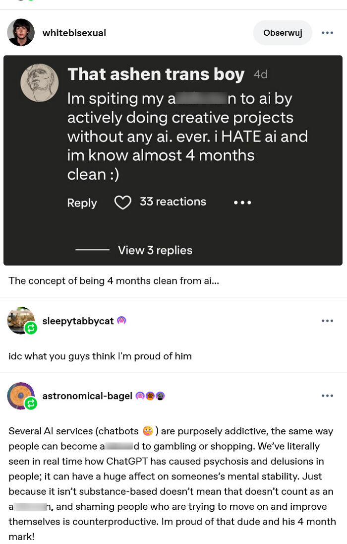 A screenshot of a Tumblr post discussing an individual being 4 months clean from AI, generating engaging online discourse. A Tumblr gem.