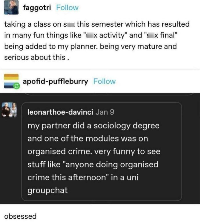 A screenshot of two funny Tumblr posts, one about a class and another about a sociology degree with organised crime. Great Tumblr gems.