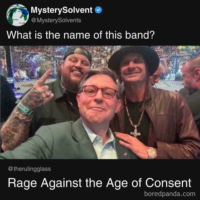 A social media post with an ironic response to a nonsensical band name query, featuring three men in an arena.