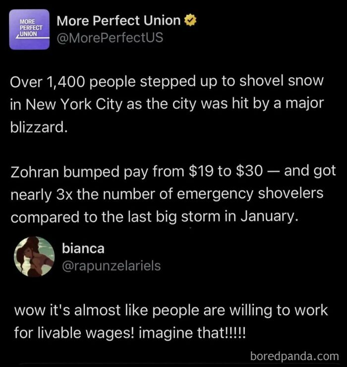 Ironic responses on Twitter about livable wages and snow shoveling in NYC.