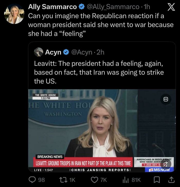 A tweet with an ironic response, questioning a president's decision to go to war based on a 'feeling'.