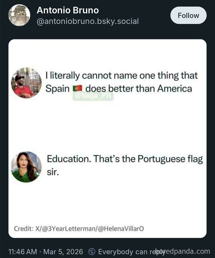 An ironic response on Twitter, where a user claims Spain does nothing better than America, corrected about the flag and education.