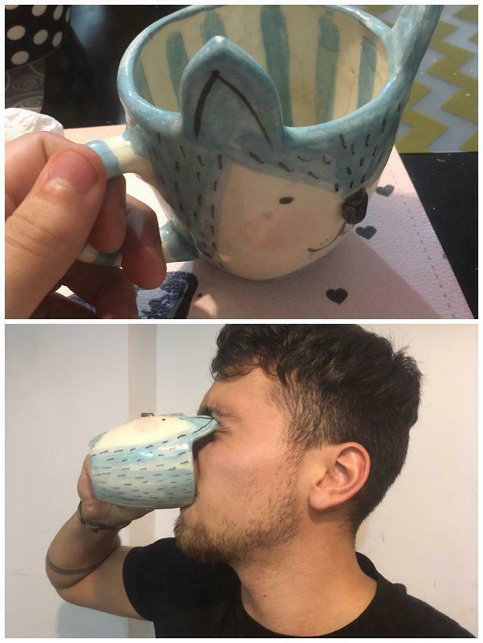 A two-panel image showing a fox-shaped mug and a man trying to drink from it, accidentally poking his eye, peculiar things.