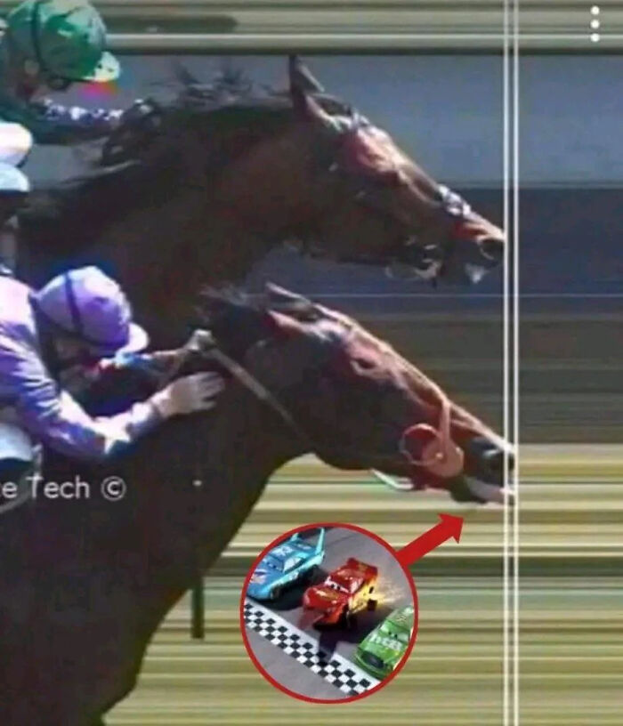 A peculiar edited image showing toy cars racing on a track, superimposed onto a real-life horse race.