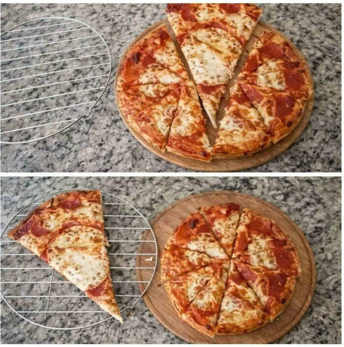 A peculiar thing spotted in real life: a pizza with one slice resting on a cooling rack.