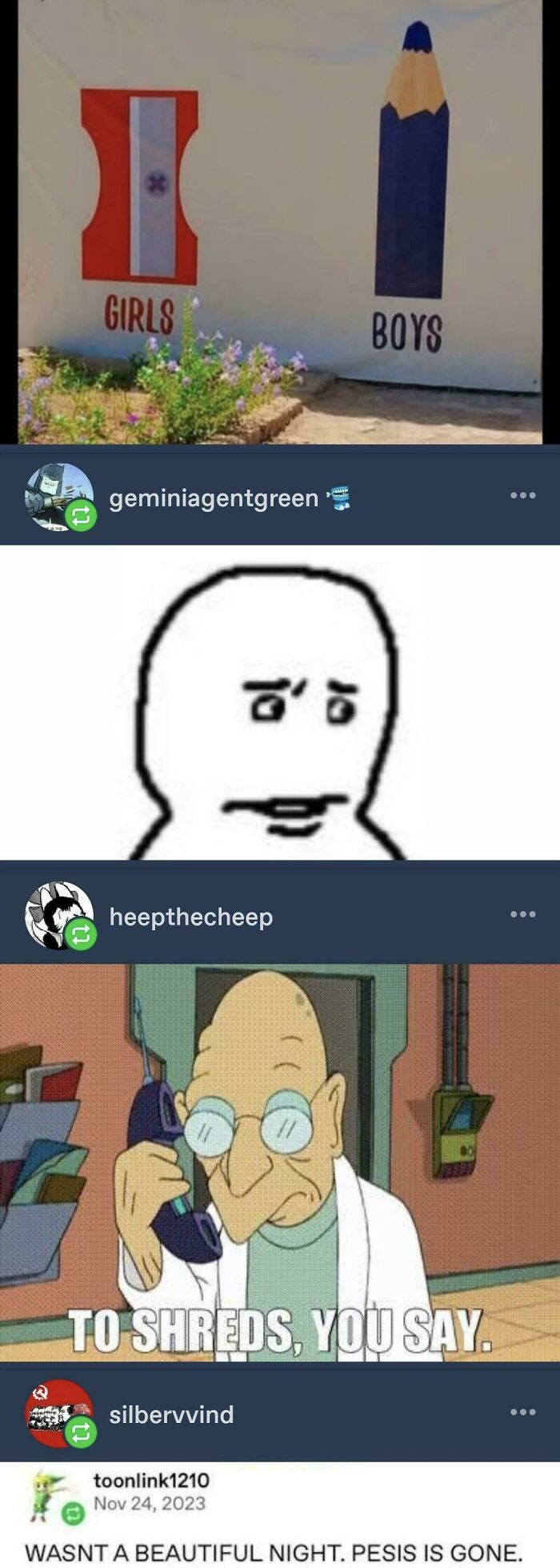 Humorous Tumblr posts with a pencil sharpener and pencil, a meme face, and a cartoon character, creating internet chaos.