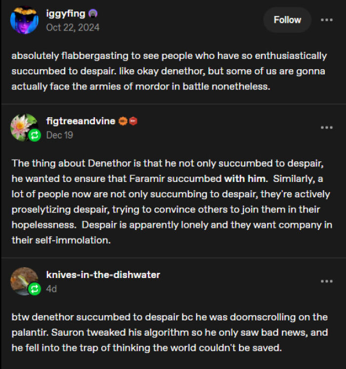 Tumblr posts discussing despair and doomscrolling related to internet chaos.