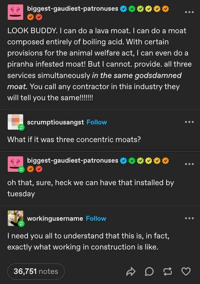 A Tumblr post about building a moat with lava, boiling acid, and piranhas, reflecting Internet chaos.