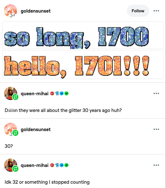 Tumblr post with glitter text saying 'so long, 1700' and 'hello, 1701!!!', followed by comments about glitter from 30 years ago, highlighting Internet chaos.