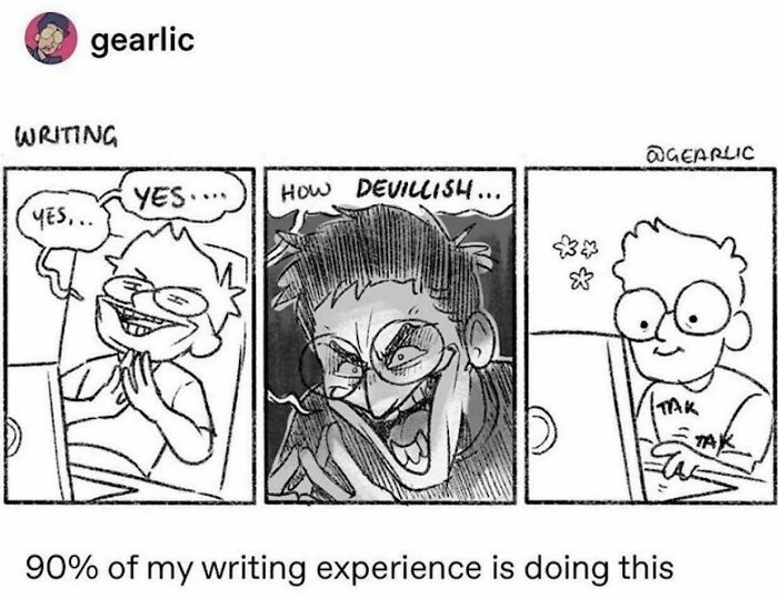 A three-panel comic illustrating the writing process with expressions of delight, devilishness, and calm focus, depicting Internet chaos.