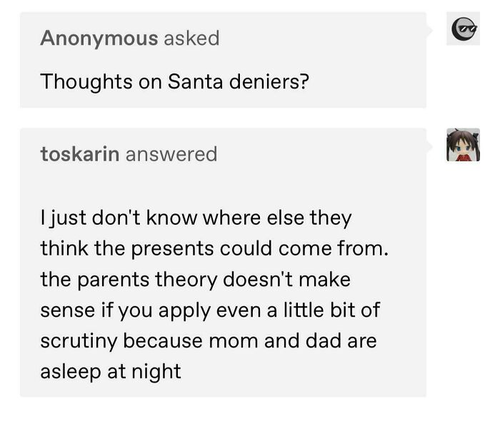 Tumblr post about Santa deniers and where presents come from, contributing to Internet chaos and humor.