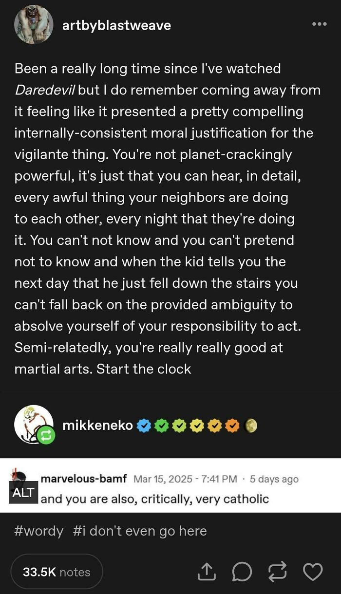 Tumblr post with a long block of text discussing Daredevil, vigilante justice, and moral justification, showing Internet chaos.