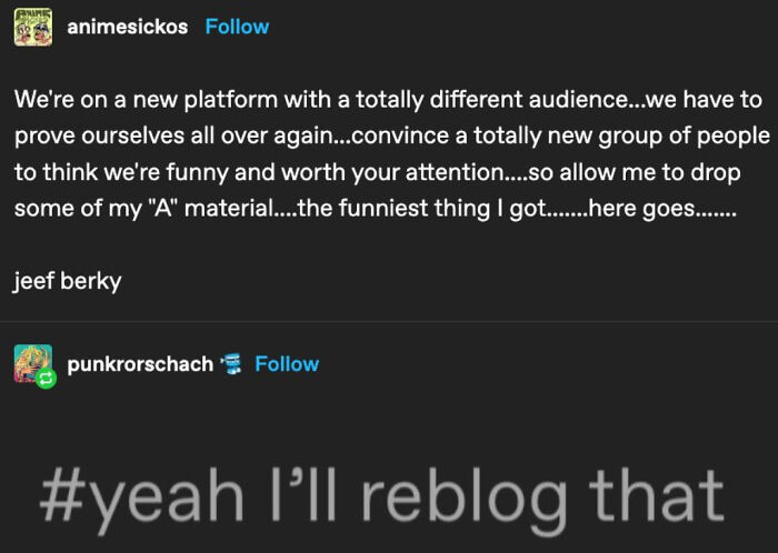 A Tumblr post from animesickos and punkrorschach discussing a new platform and reblogging content, providing internet chaos.