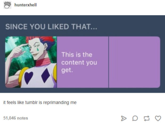 A Tumblr post showing a purple box with the text This is the content you get. next to an anime character, internet chaos.