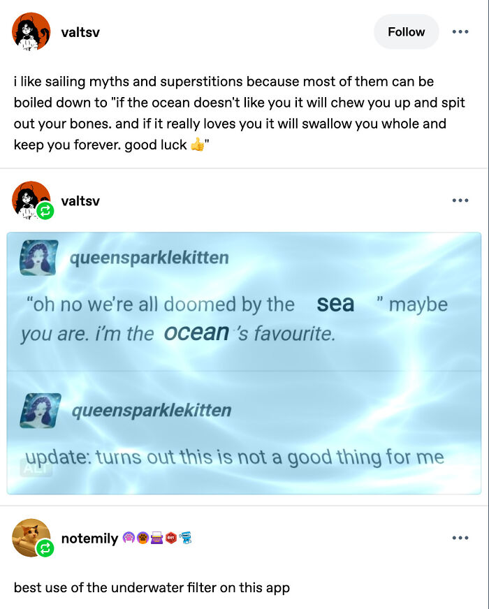 A Tumblr post about sailing myths and superstitions, discussing the ocean's love or disdain, creating internet chaos.