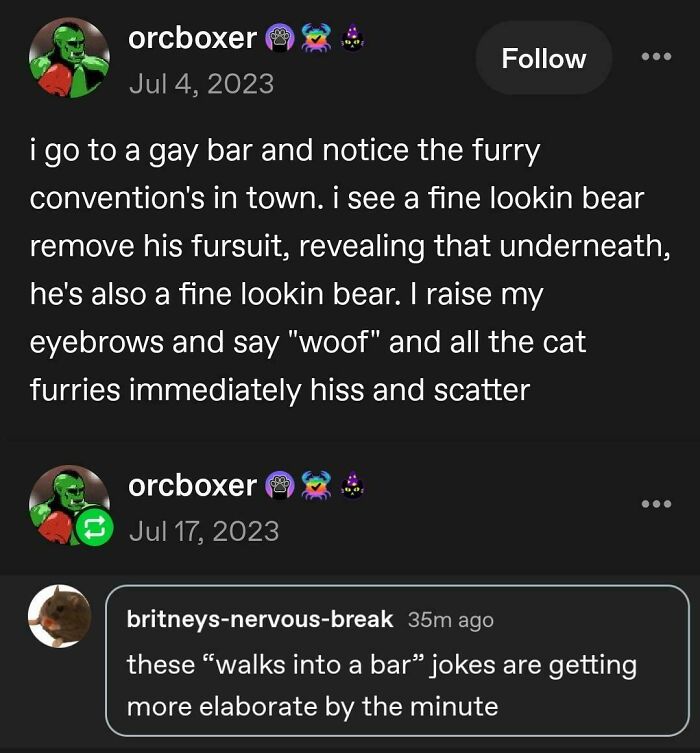 A Tumblr post describing a humorous encounter at a gay bar during a furry convention, showcasing internet chaos.
