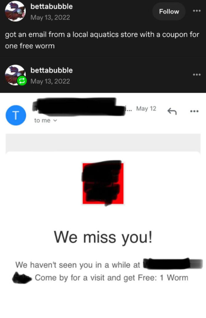 A Tumblr post about internet chaos, featuring an email offering a free worm from an aquatics store.