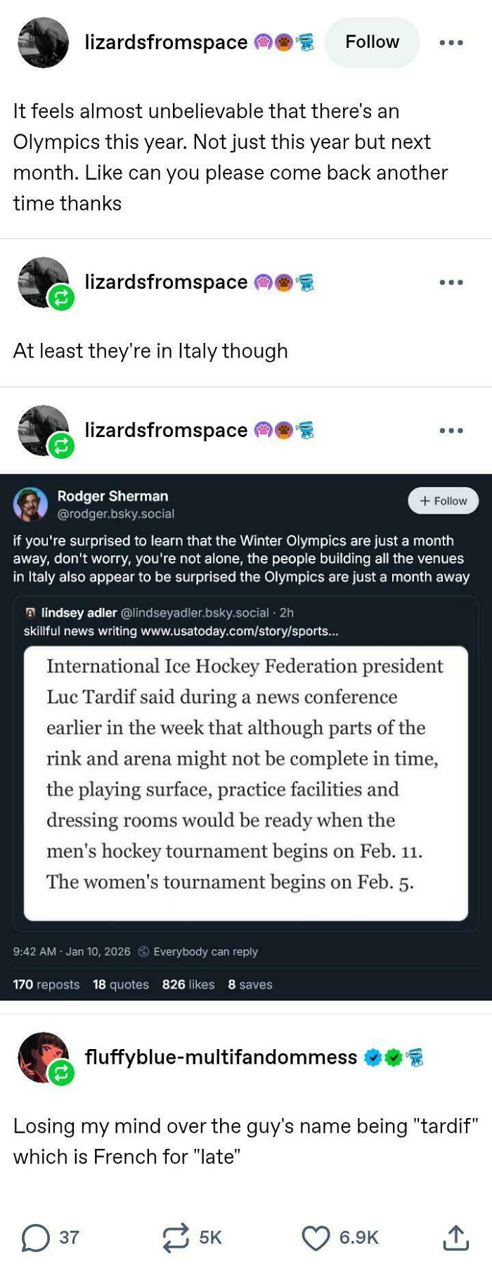 A collection of Tumblr posts discussing the Winter Olympics and the French word 'tardif', showcasing internet chaos.