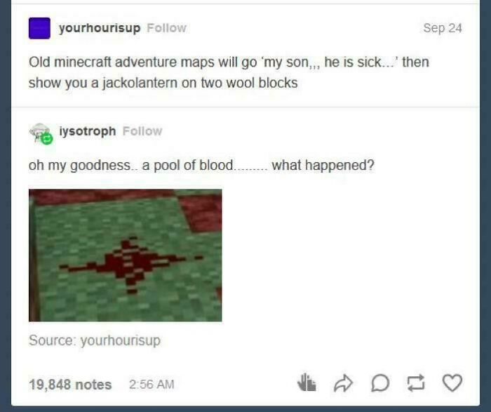 A Tumblr post showing a funny Minecraft adventure map scenario with a blood pool on grass, depicting internet chaos.