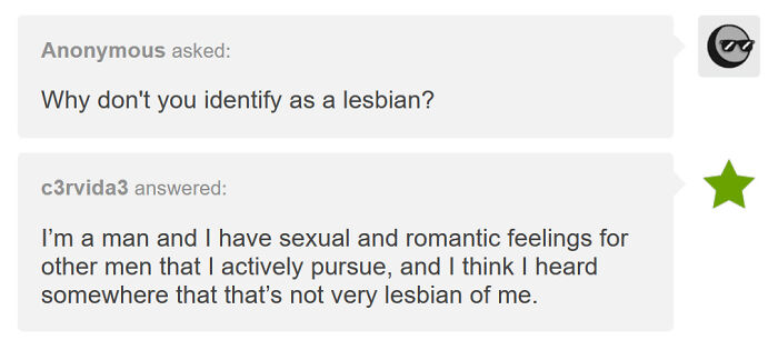 A Tumblr post responding to a question about lesbian identity with a witty, self-aware answer, showcasing internet chaos.