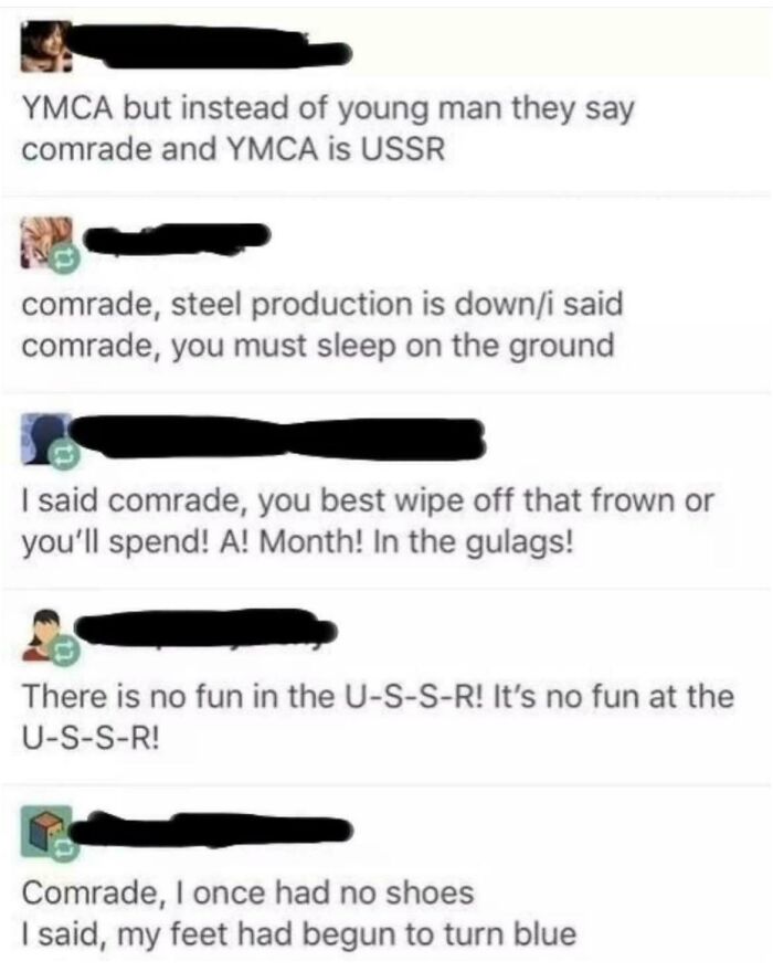 Tumblr posts reimagining the song YMCA with Soviet Union themes and lyrics about gulags, displaying internet chaos.