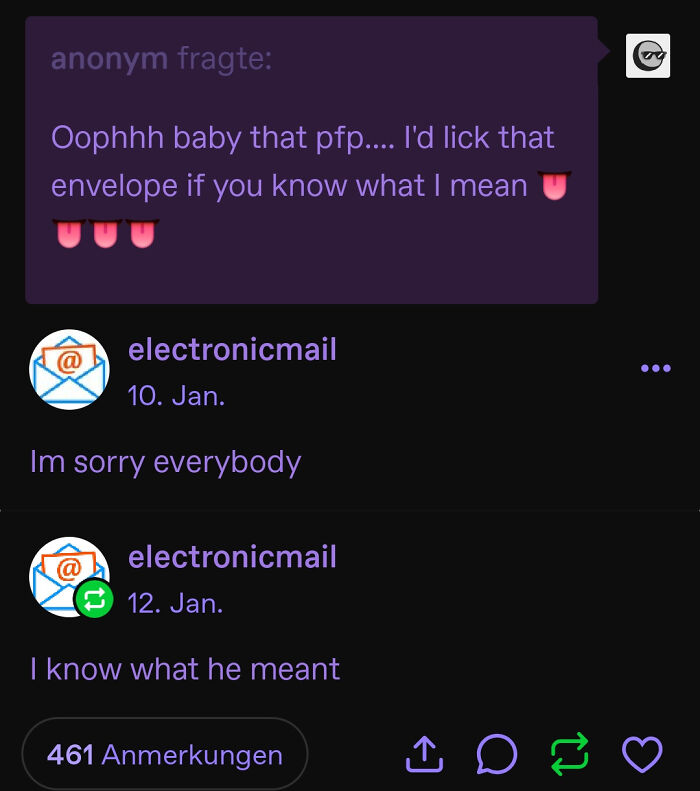 A Tumblr post showing a suggestive message about a profile picture and a humorous reply, demonstrating internet chaos.
