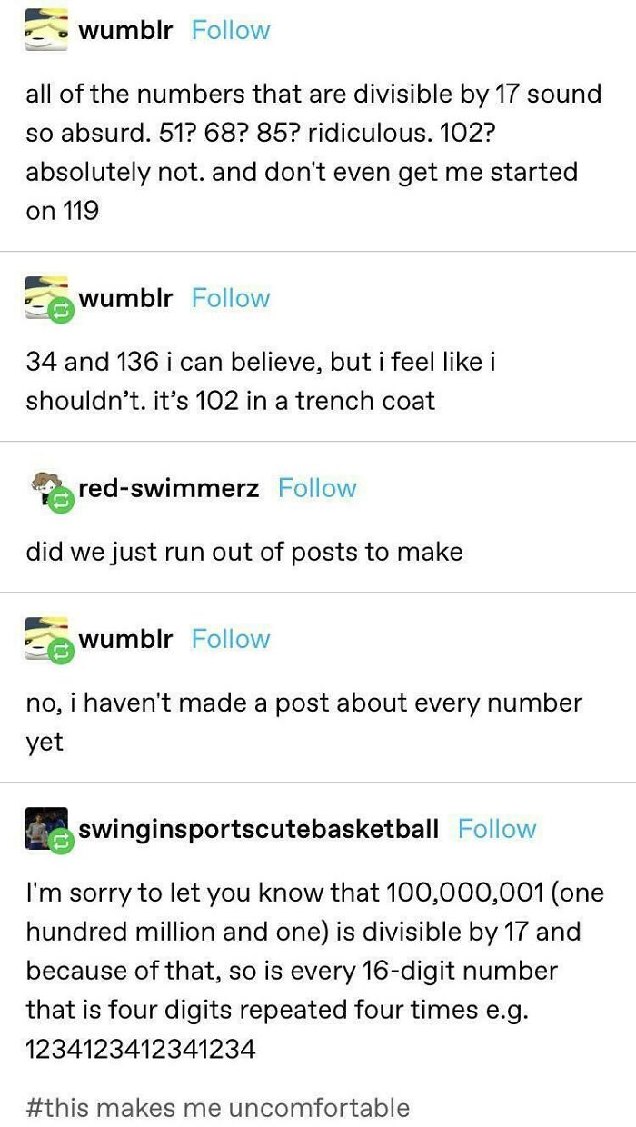 Tumblr posts showcasing internet chaos with discussions about numbers divisible by 17 and related absurdity.