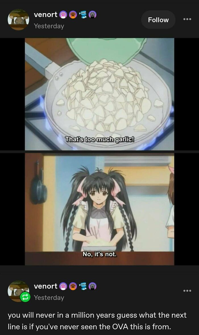 Tumblr Posts depicting an anime character cooking with too much garlic, causing internet chaos.