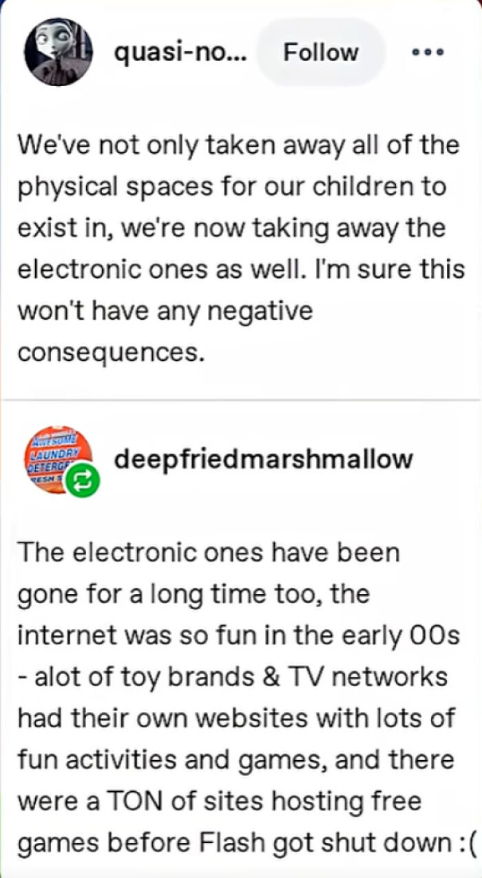 Tumblr Posts about taking away electronic spaces for children leading to internet chaos.