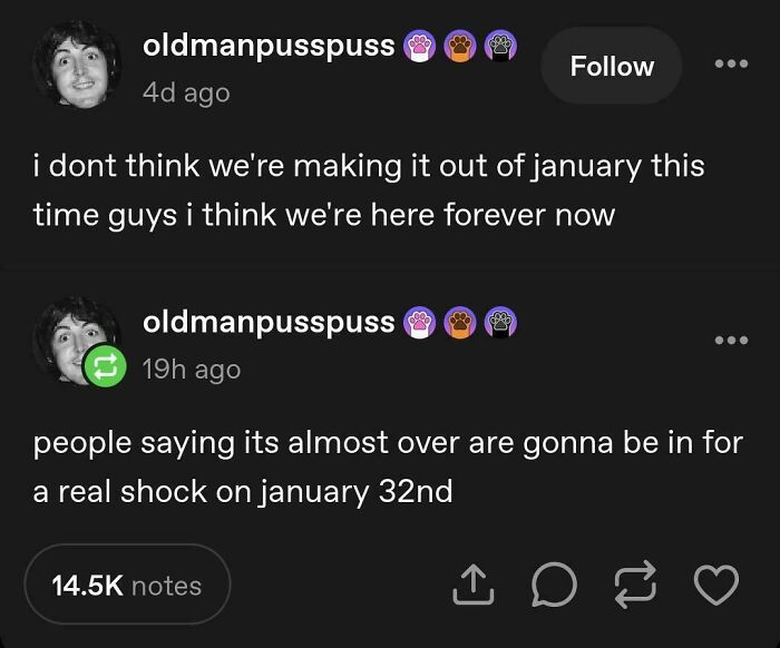 A Tumblr post about internet chaos, joking about January never ending and an impending shock on January 32nd.