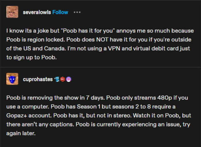 A Tumblr post discussing internet chaos and frustrations with a streaming service called Poob.