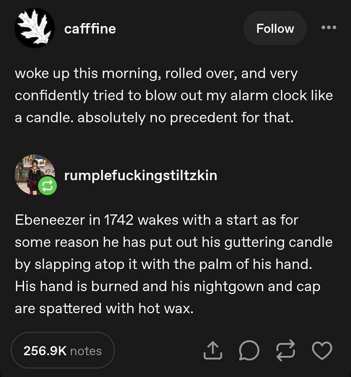 A Tumblr post about internet chaos; someone tries to blow out an alarm clock, prompting a historical parallel.