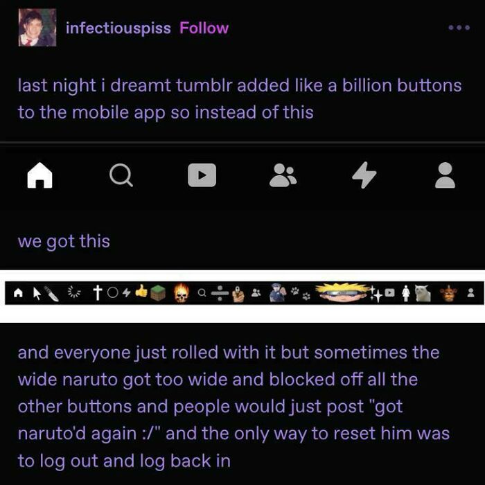 A screenshot of a humorous Tumblr post about the app having too many buttons, showcasing internet chaos.
