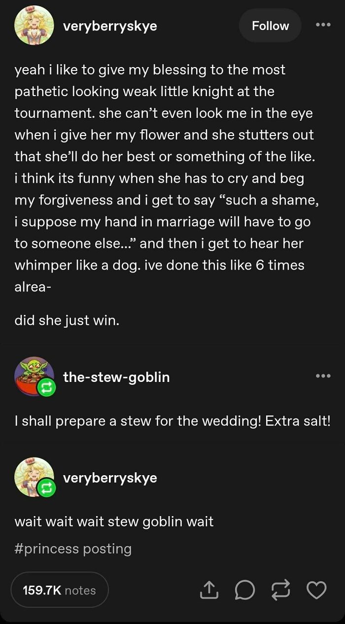A Tumblr post about a knight, a princess, and a stew-goblin, delivering internet chaos with a dramatic, funny story.