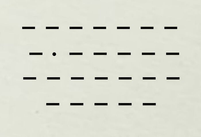 A minimalist image from the Not Interesting Community featuring a single black dot among horizontal dashes on a light background, sparking weird investment.