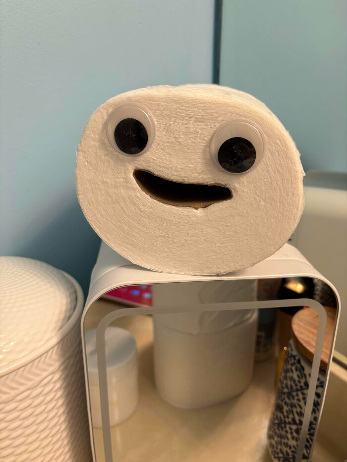 A roll of toilet paper with googly eyes and a cut-out smile, a funny photo from the Not Interesting community.